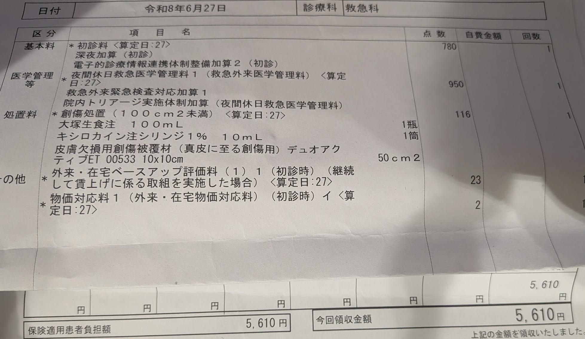 アンテナ調整のおまけでもらった救急外来の請求書